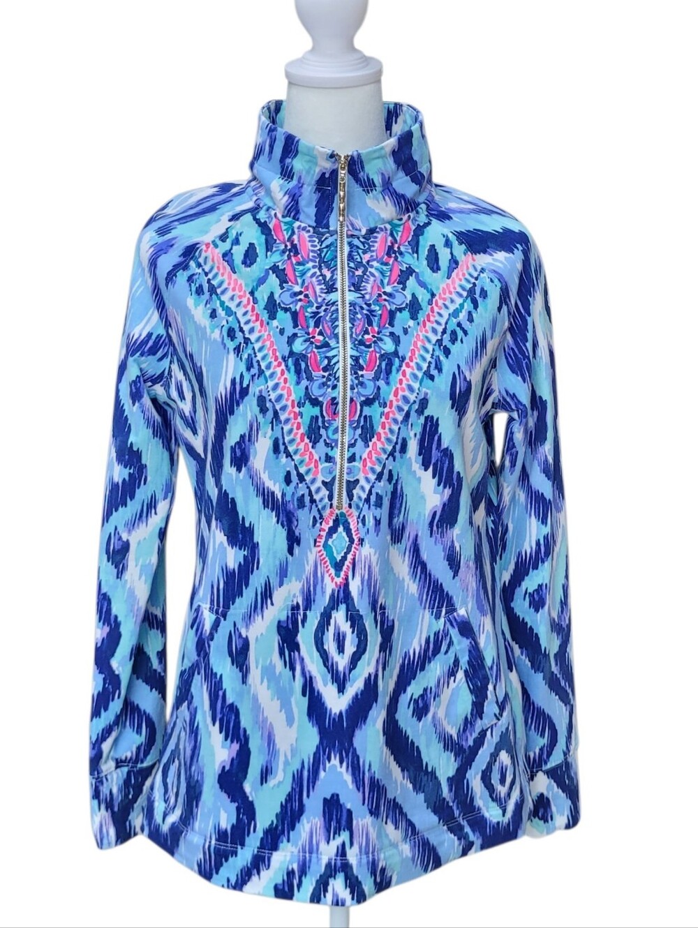 Lilly Pulitzer Blue Ikat Print Quarter Zip Pullover Long Sleeve Sz S Like New
